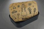 Personalisierte Brotdose mit Wunschmotiv und Namen, ideal als Geschenk zur Einschulung.