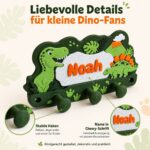 Detailansicht Dino-Kleiderhaken mit Namensschrift und Haken