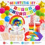 Colorful birthday party set with rainbow decorations, balloons, cups, plates, and a 'Happy Birthday' banner for a festive celebration.