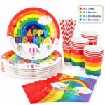 Colorful rainbow-themed birthday party set with plates, cups, napkins, and striped straws featuring 'Happy Birthday' text.