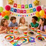 Children at a rainbow-themed birthday party around a cake with candles and colorful decorations on the wall and table.