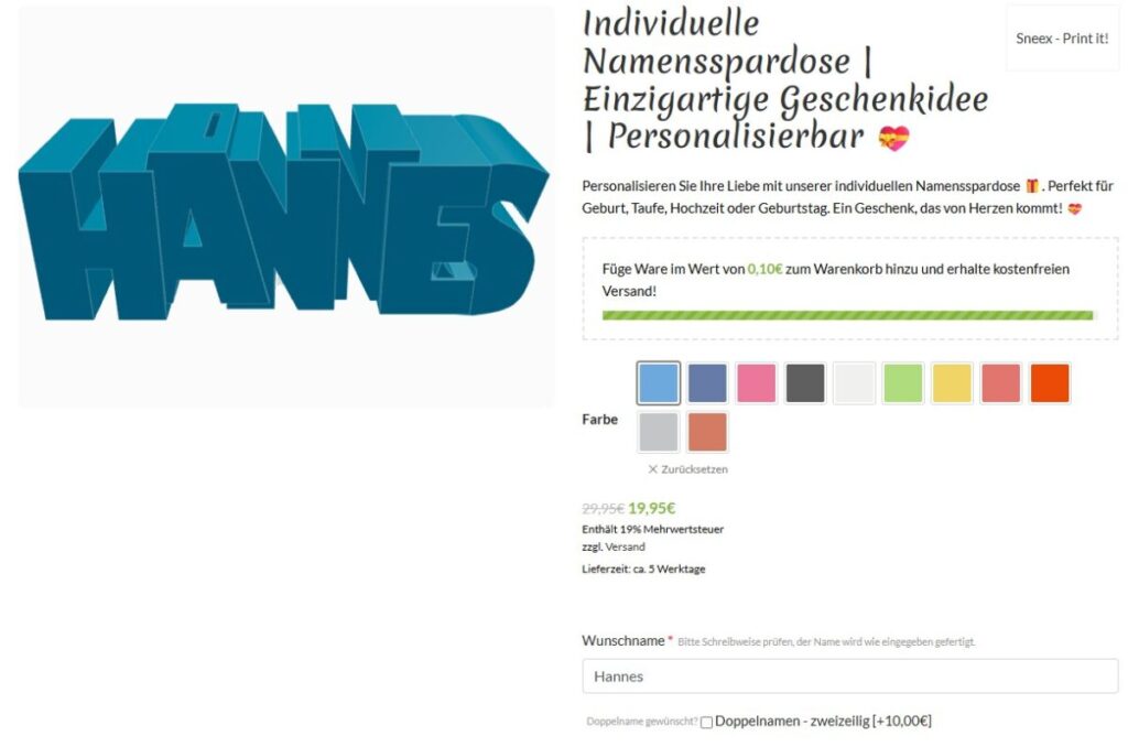Left: bold 3D blue name 'Hannes'; right: German product page for a personalized Namensspardose with color options and price